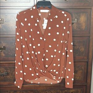 Nordstrom All In Favor Brown Blouse With White Polka Dots